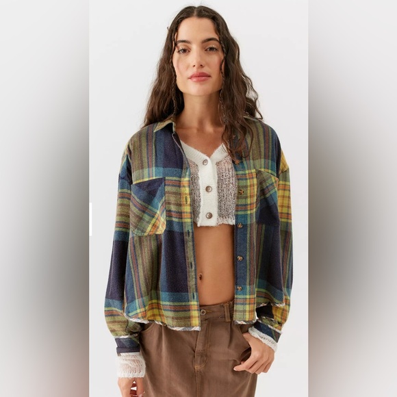 BDG Tops - BDG Plaid Flannel Button Up Shirt Oversized Blue Yellow Green Women's M